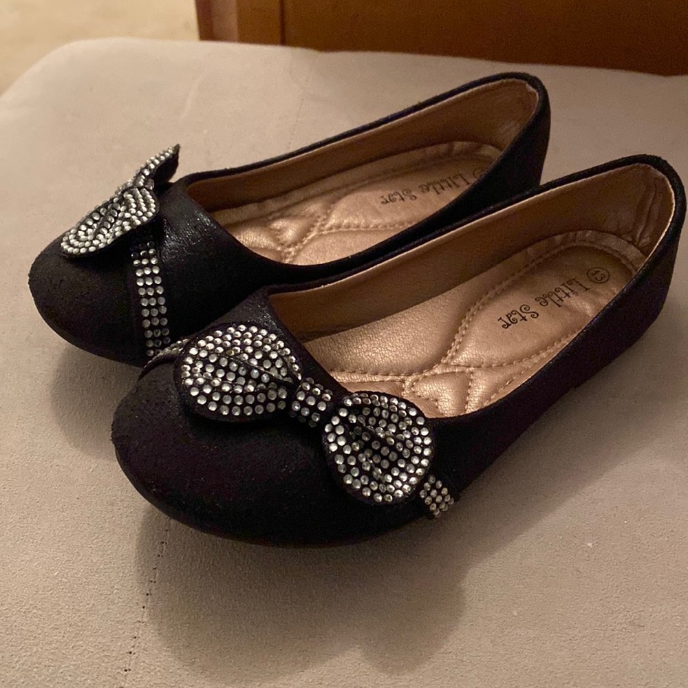Little Girls Black Embellished Bow Ballet Flat Shoes 13